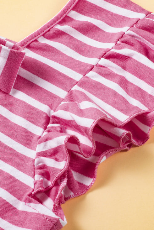 Striped Butterfly Sleeve V Neck Bow Back Cotton Top