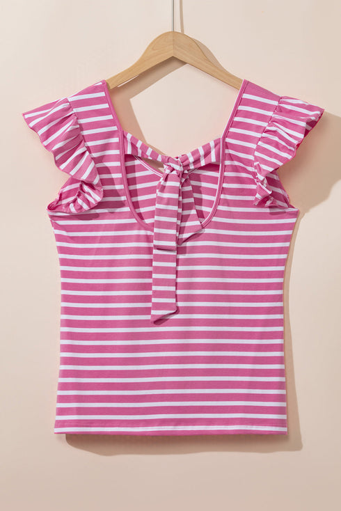 Striped Butterfly Sleeve V Neck Bow Back Cotton Top