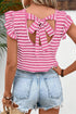 Striped Butterfly Sleeve V Neck Bow Back Cotton Top