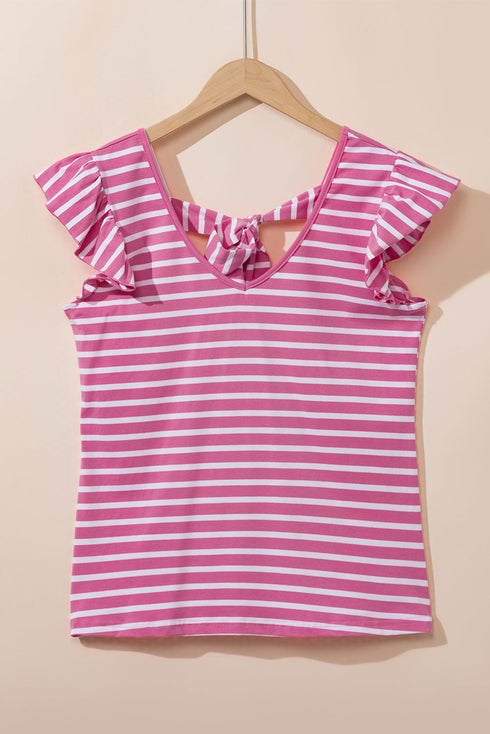 Striped Butterfly Sleeve V Neck Bow Back Cotton Top
