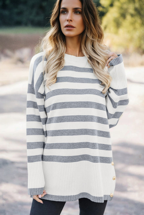 Striped Button Accent Oversized Ribbed Tunic Sweater