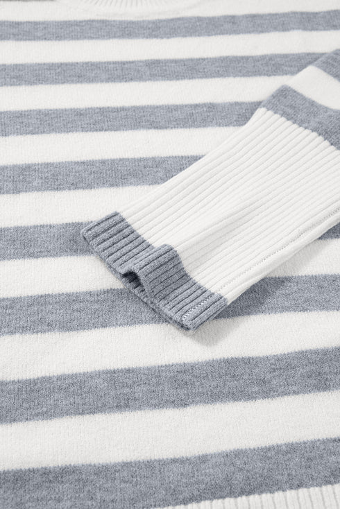 Striped Button Accent Oversized Ribbed Tunic Sweater