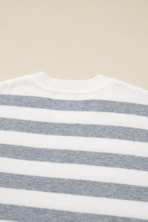 Striped Button Accent Oversized Ribbed Tunic Sweater