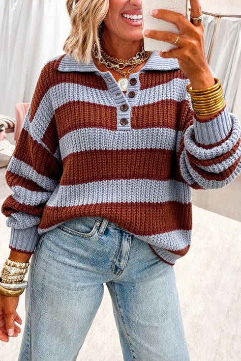 Striped Button Collar Dropped Shoulder Relaxed Knit Pullover Sweater
