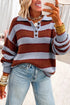 Striped Button Collar Dropped Shoulder Relaxed Knit Pullover Sweater