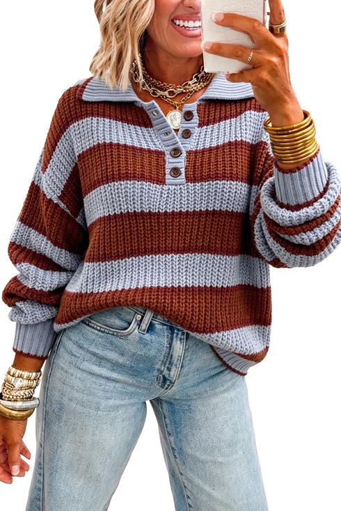 Striped Button Collar Dropped Shoulder Relaxed Knit Pullover Sweater