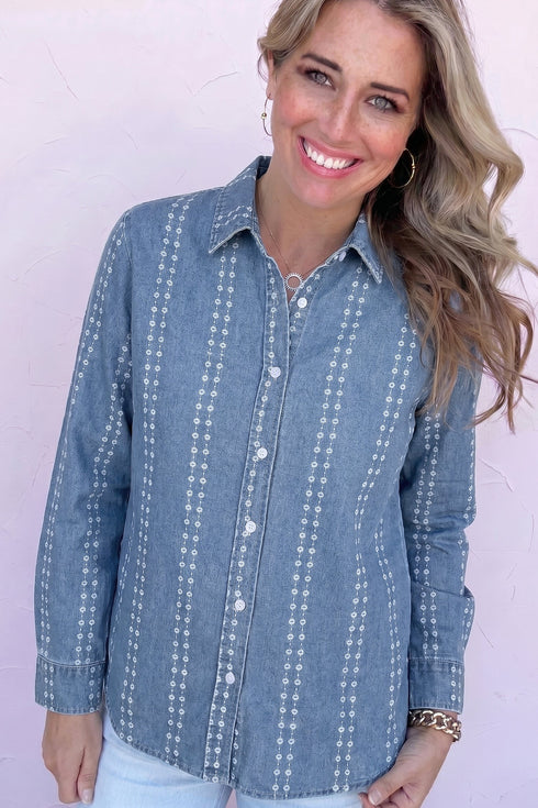 Striped Button Down Long Sleeve Denim Shirt