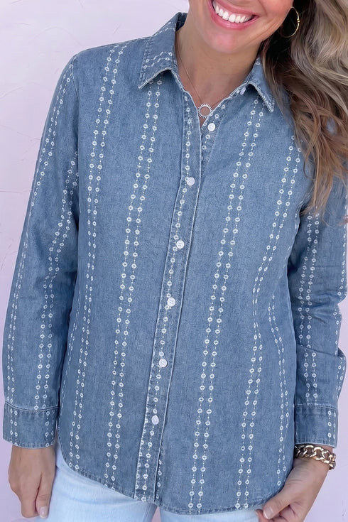 Striped Button Down Long Sleeve Denim Shirt