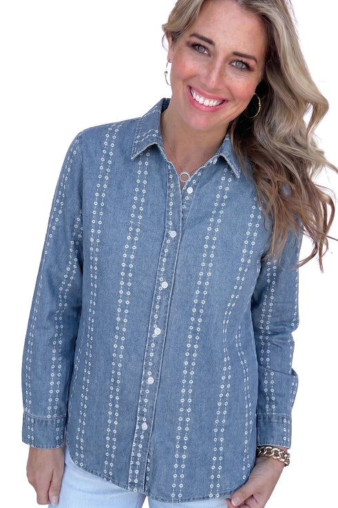 Striped Button Down Long Sleeve Denim Shirt
