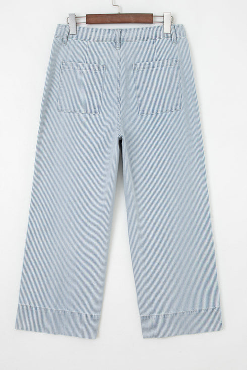 Striped Button Flap Pocket Cuffed Hem Wide Leg Jeans