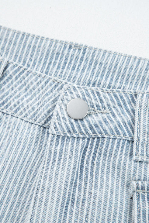 Striped Button Flap Pocket Cuffed Hem Wide Leg Jeans