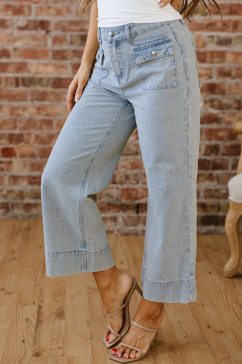 Striped Button Flap Pocket Cuffed Hem Wide Leg Jeans