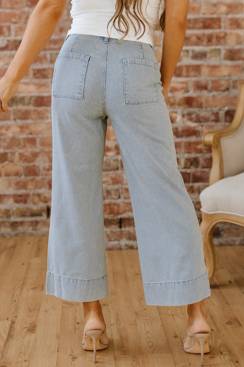 Striped Button Flap Pocket Cuffed Hem Wide Leg Jeans