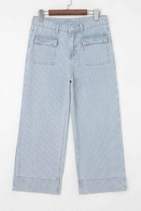 Striped Button Flap Pocket Cuffed Hem Wide Leg Jeans