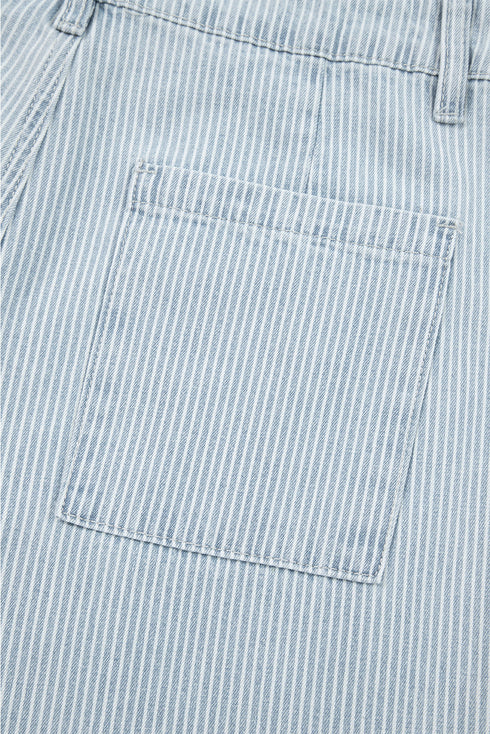 Striped Button Flap Pocket Cuffed Hem Wide Leg Jeans