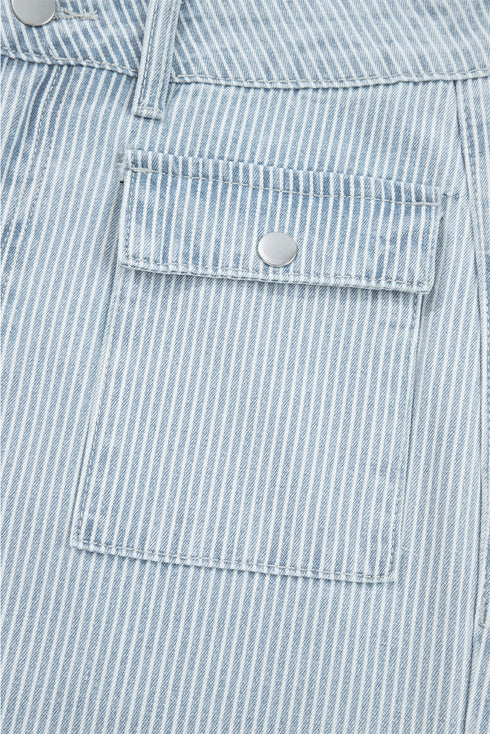 Striped Button Flap Pocket Cuffed Hem Wide Leg Jeans