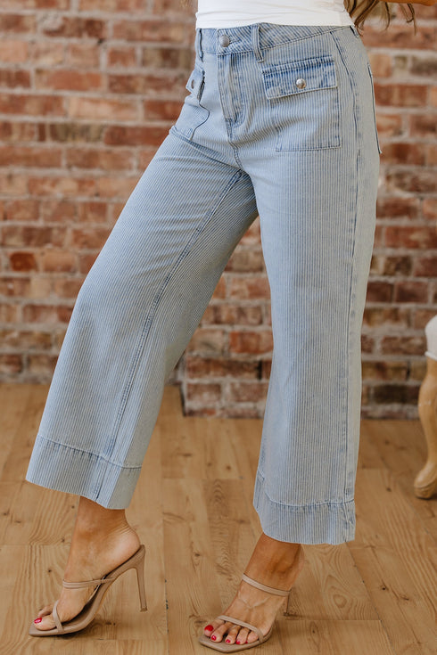Striped Button Flap Pocket Cuffed Hem Wide Leg Jeans