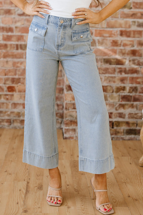 Striped Button Flap Pocket Cuffed Hem Wide Leg Jeans