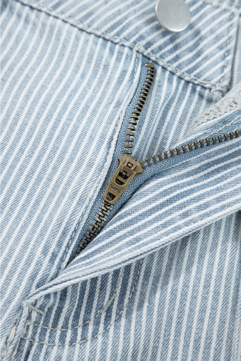 Striped Button Flap Pocket Cuffed Hem Wide Leg Jeans