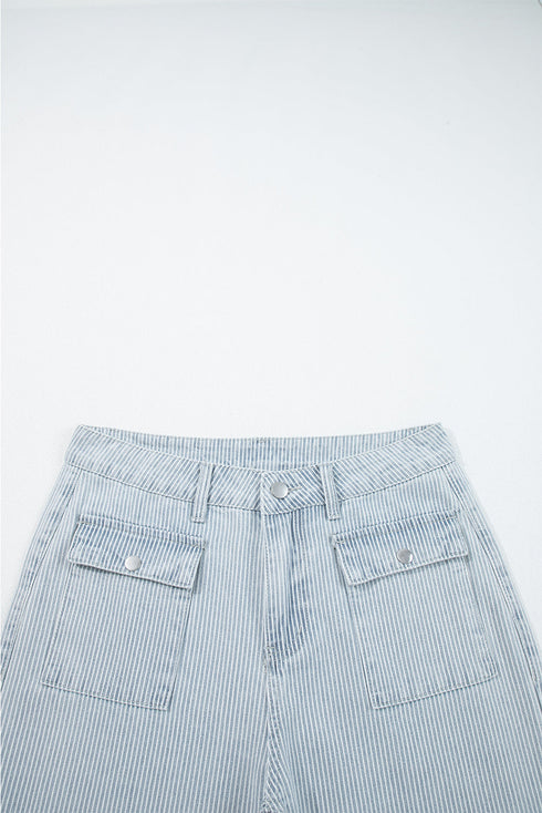 Striped Button Flap Pocket Cuffed Hem Wide Leg Jeans