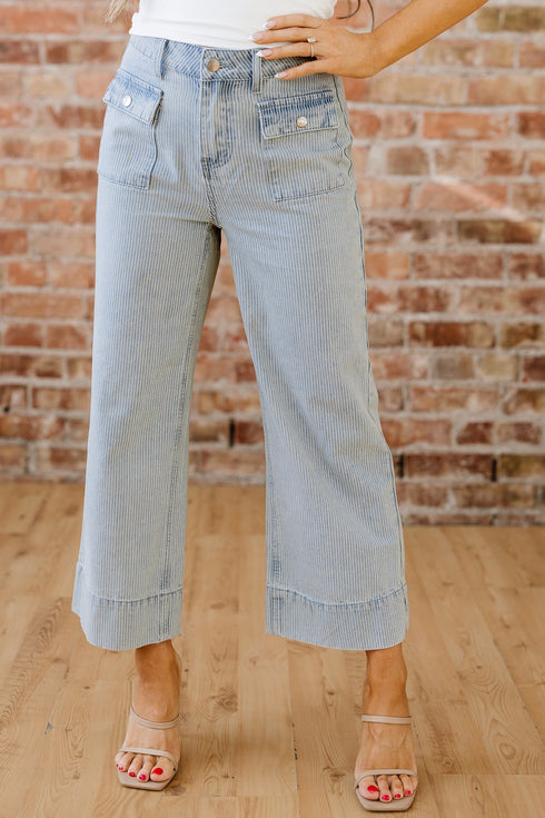 Striped Button Flap Pocket Cuffed Hem Wide Leg Jeans