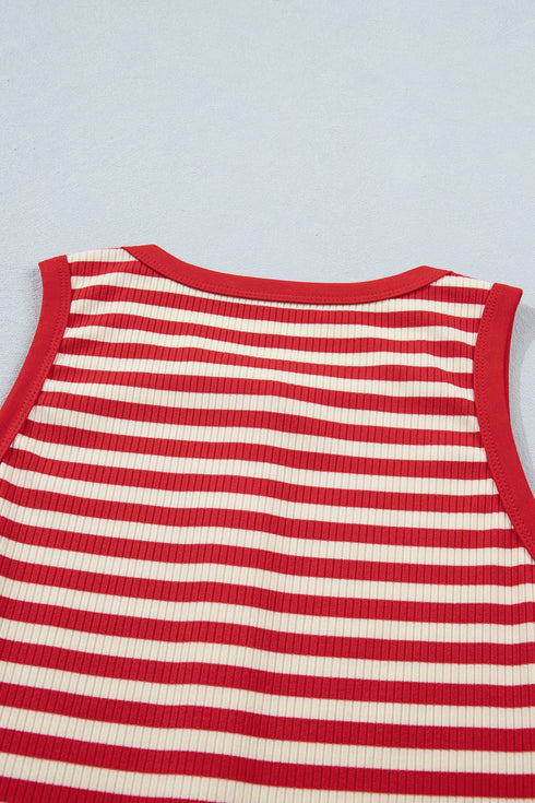 Striped Button Front Ribbed Knit Tank Top