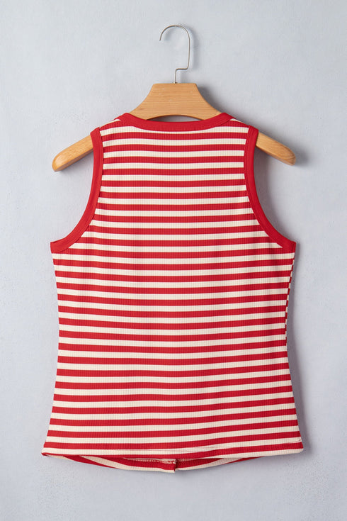 Striped Button Front Ribbed Knit Tank Top