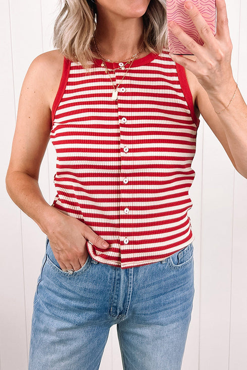 Striped Button Front Ribbed Knit Tank Top