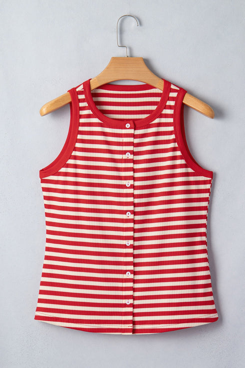 Striped Button Front Ribbed Knit Tank Top