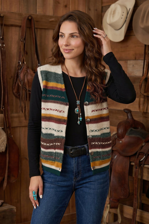Striped Button Front Sleeveless Knit Regular Fit Sweater Vest