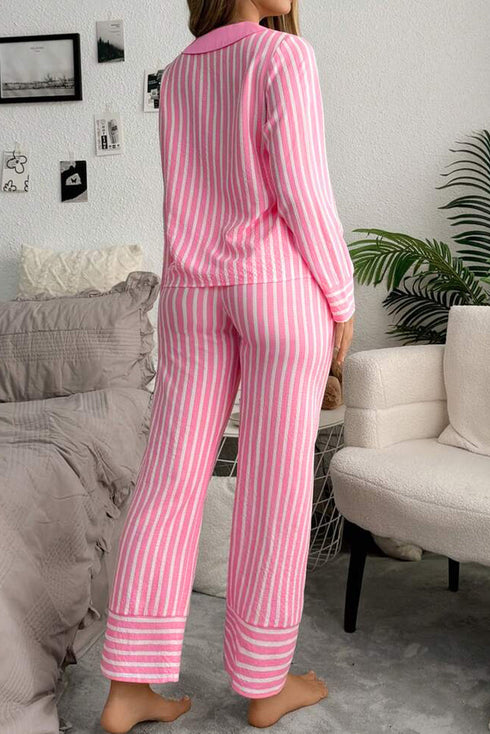 Striped Button Front Textured Long Sleeve Pajama Set