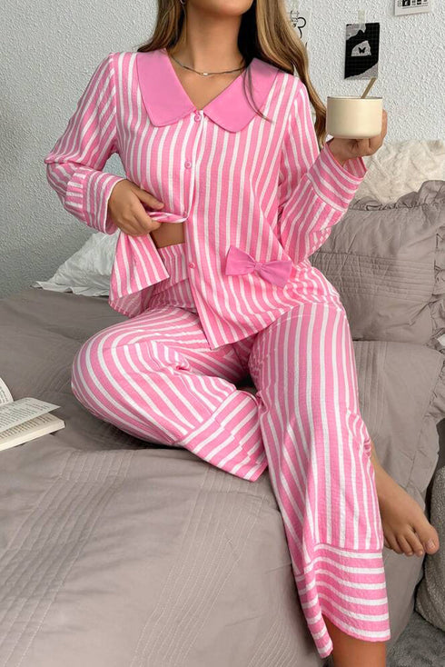 Striped Button Front Textured Long Sleeve Pajama Set