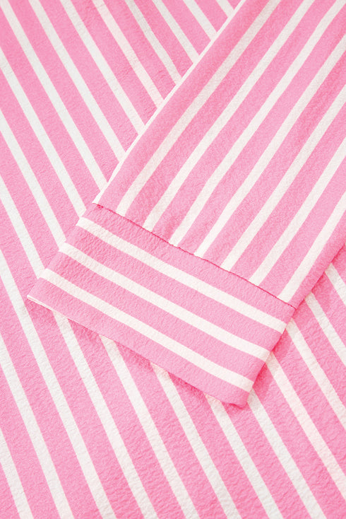 Striped Button Front Textured Long Sleeve Pajama Set