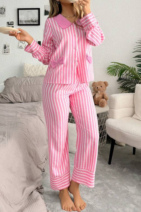 Striped Button Front Textured Long Sleeve Pajama Set