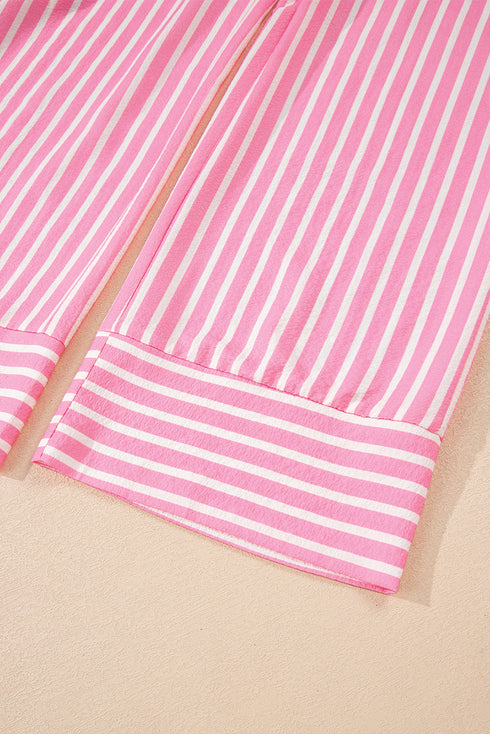 Striped Button Front Textured Long Sleeve Pajama Set