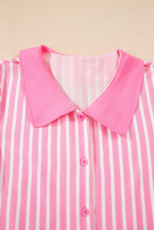 Striped Button Front Textured Long Sleeve Pajama Set