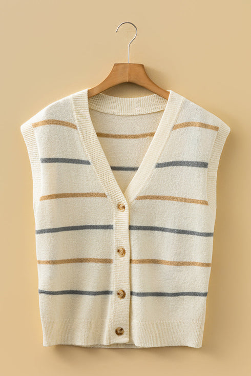 Striped Button Front V Neck Knit Sweater Vest