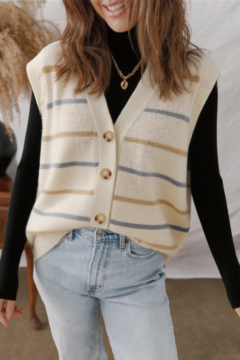 Striped Button Front V Neck Knit Sweater Vest