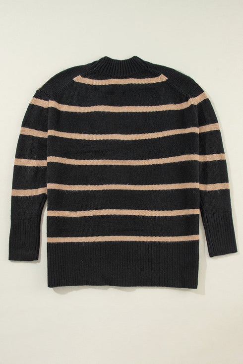 Striped Button Front V Neck Soft Knit Cardigan