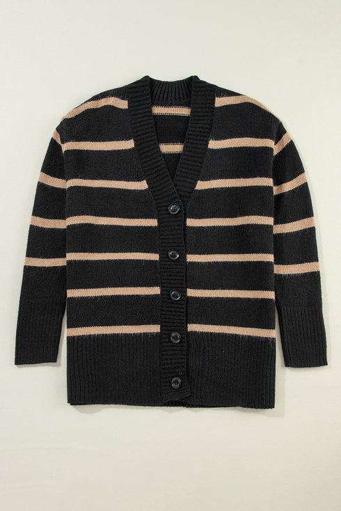 Striped Button Front V Neck Soft Knit Cardigan