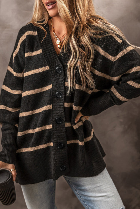 Striped Button Front V Neck Soft Knit Cardigan