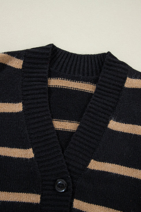 Striped Button Front V Neck Soft Knit Cardigan