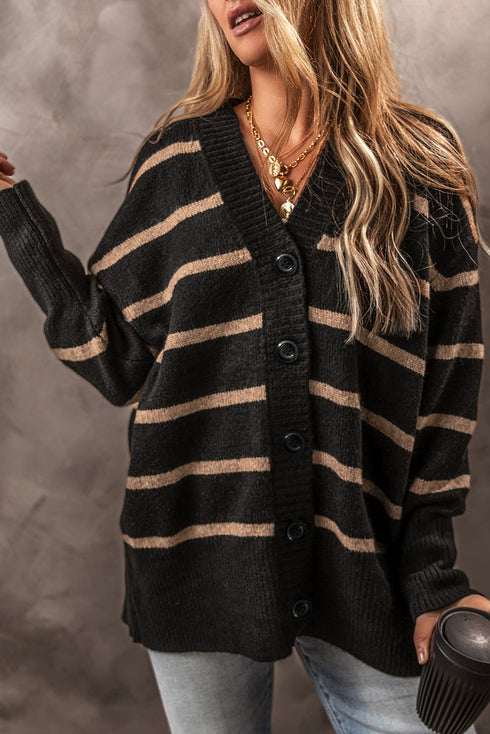 Striped Button Front V Neck Soft Knit Cardigan