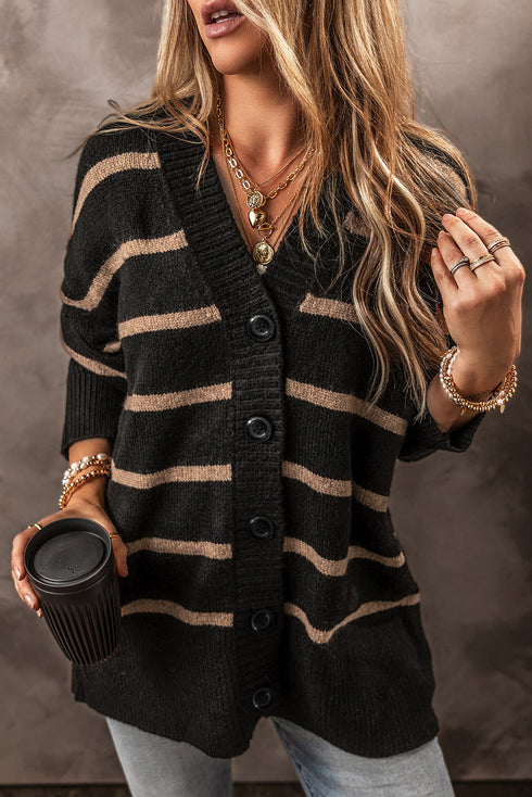 Striped Button Front V Neck Soft Knit Cardigan