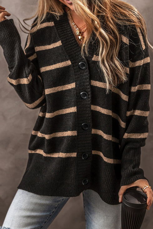 Striped Button Front V Neck Soft Knit Cardigan