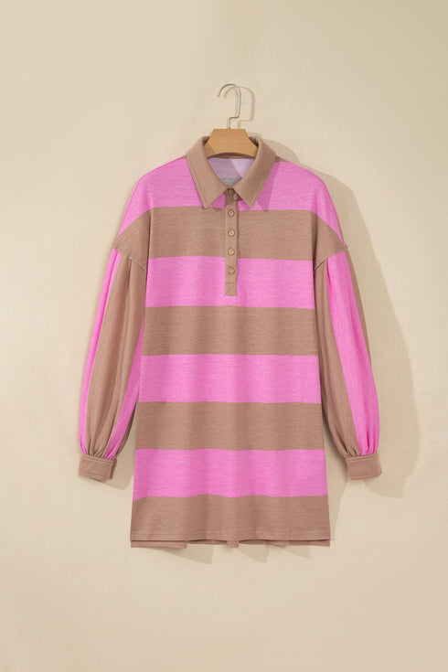 Striped Button Long Sleeve Shift T Shirt Dress