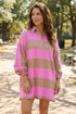 Striped Button Long Sleeve Shift T Shirt Dress