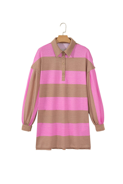 Striped Button Long Sleeve Shift T Shirt Dress