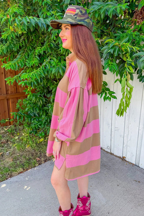 Striped Button Long Sleeve Shift T Shirt Dress