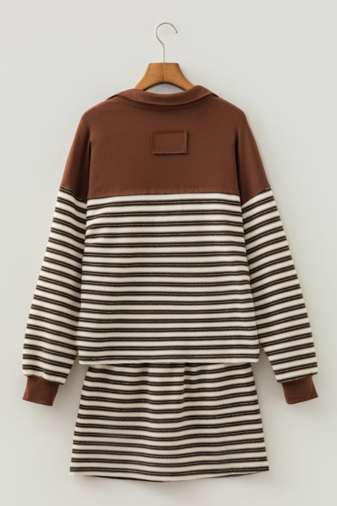 Striped Button Neck Long Sleeve Top Drawstring Mini Skirt Set
